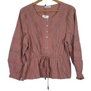 In Loom Peasant Top Medium Lace Drawstring Waist Dusty Pink Boho Chic NWOT